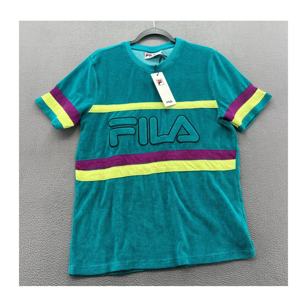 Fila Shirt Men's L Terry Cloth Teal Green Purple Striped Logo Crew Neck NWT